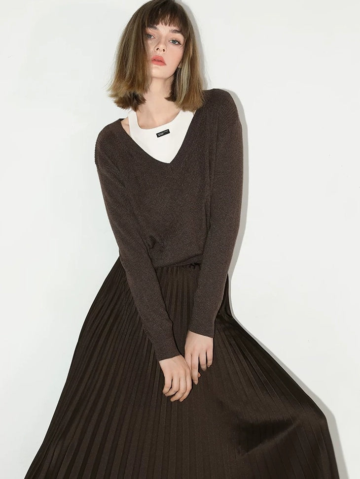 COCOBELLA High Waist Ladylike Asymmetric Pleated A Line Office Chocolate Midi Skirts