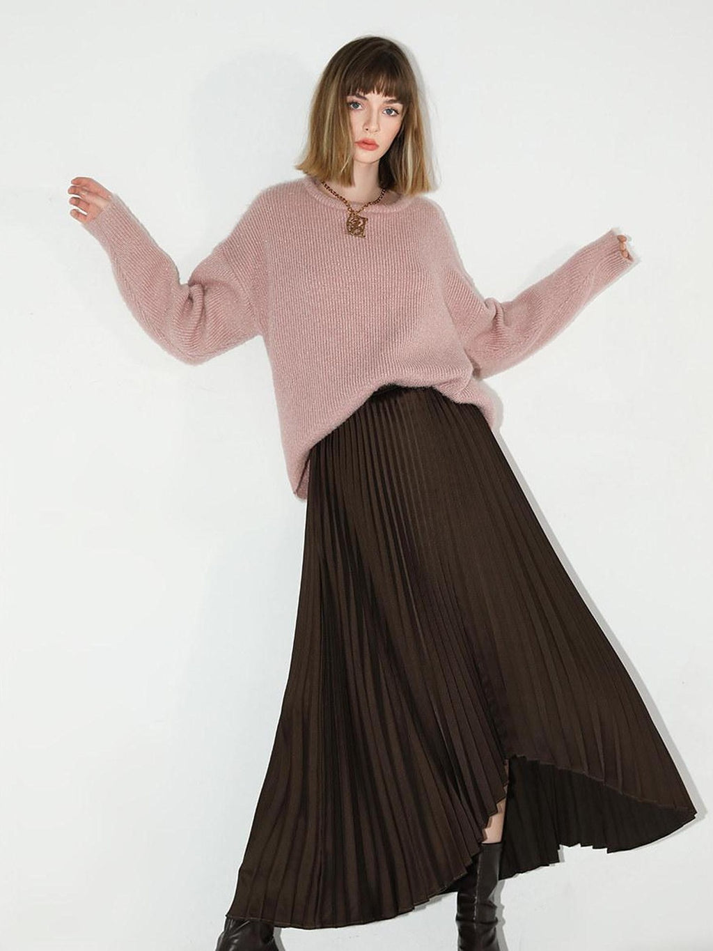 COCOBELLA High Waist Ladylike Asymmetric Pleated A Line Office Chocolate Midi Skirts