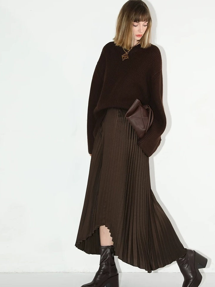 COCOBELLA High Waist Ladylike Asymmetric Pleated A Line Office Chocolate Midi Skirts