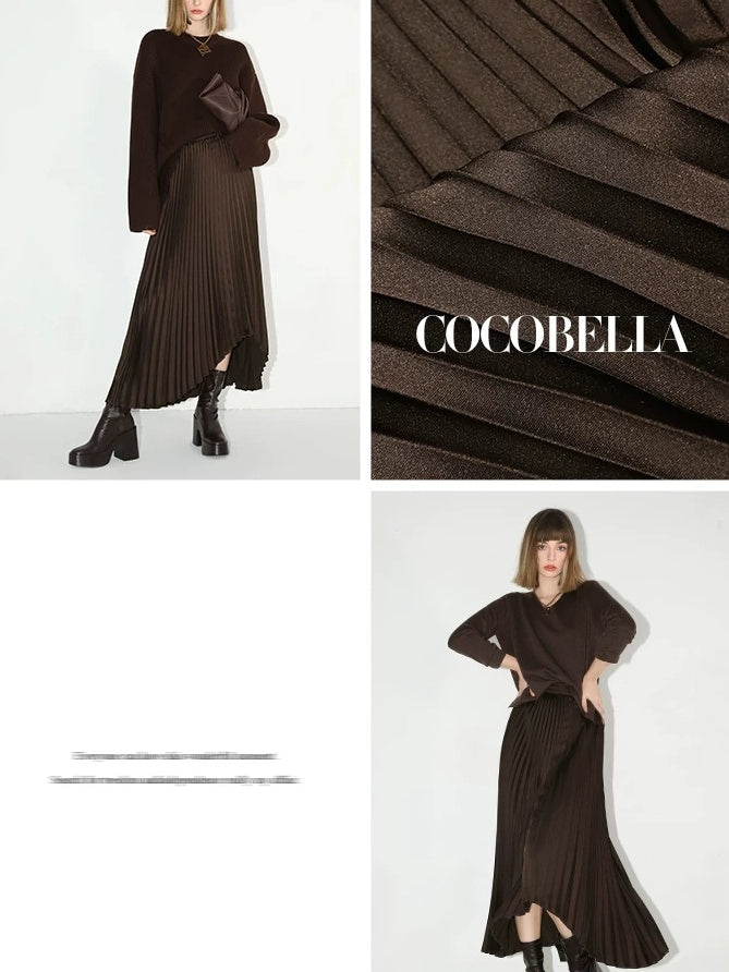 COCOBELLA High Waist Ladylike Asymmetric Pleated A Line Office Chocolate Midi Skirts