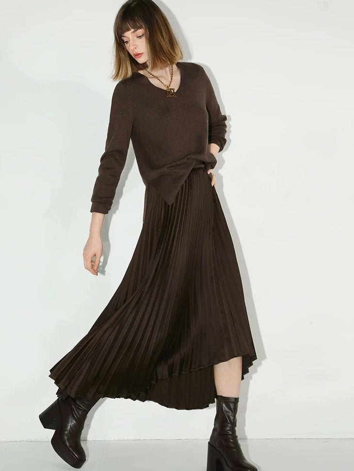 COCOBELLA High Waist Ladylike Asymmetric Pleated A Line Office Chocolate Midi Skirts