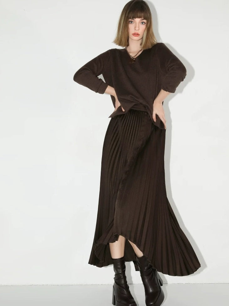 COCOBELLA High Waist Ladylike Asymmetric Pleated A Line Office Chocolate Midi Skirts