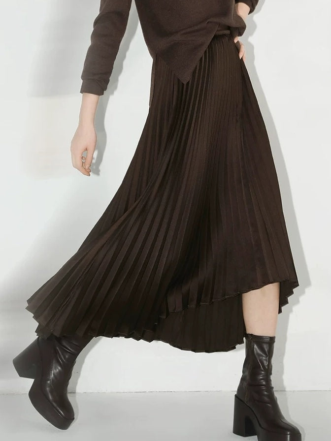 COCOBELLA High Waist Ladylike Asymmetric Pleated A Line Office Chocolate Midi Skirts