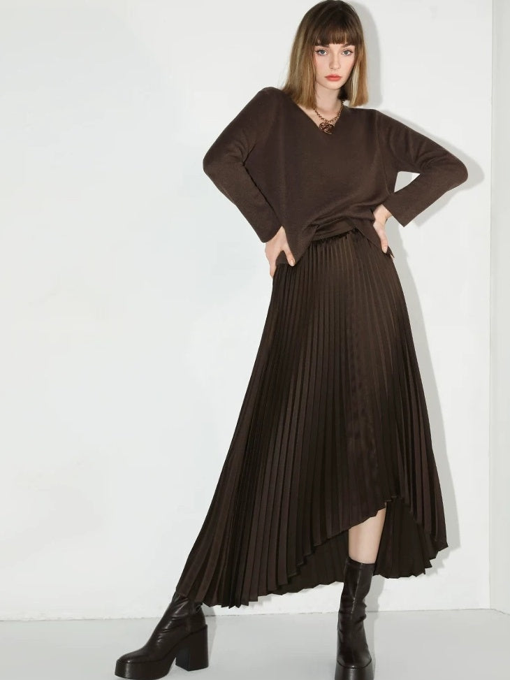COCOBELLA High Waist Ladylike Asymmetric Pleated A Line Office Chocolate Midi Skirts