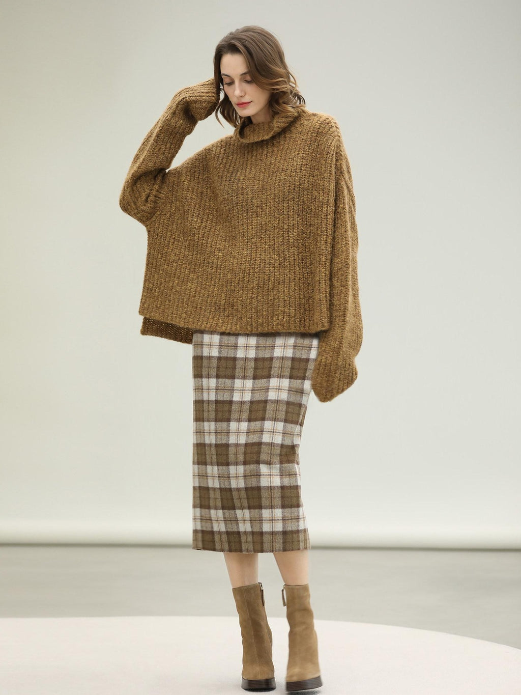 COCOBELLA High Waist Lined Wool Blend Patchwork Straight Ol Office Plaid Midi Skirts