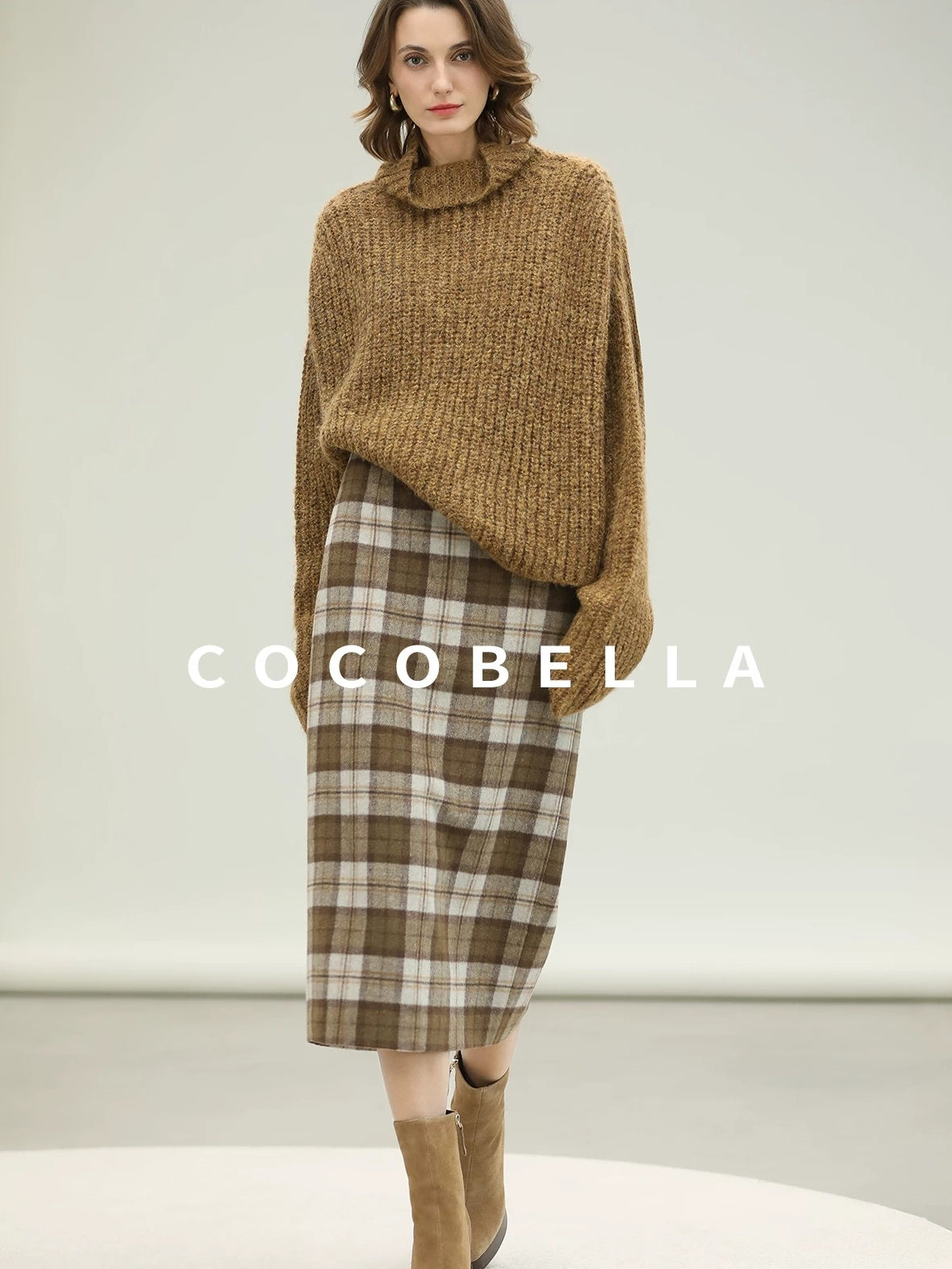 COCOBELLA High Waist Lined Wool Blend Patchwork Straight Ol Office Plaid Midi Skirts