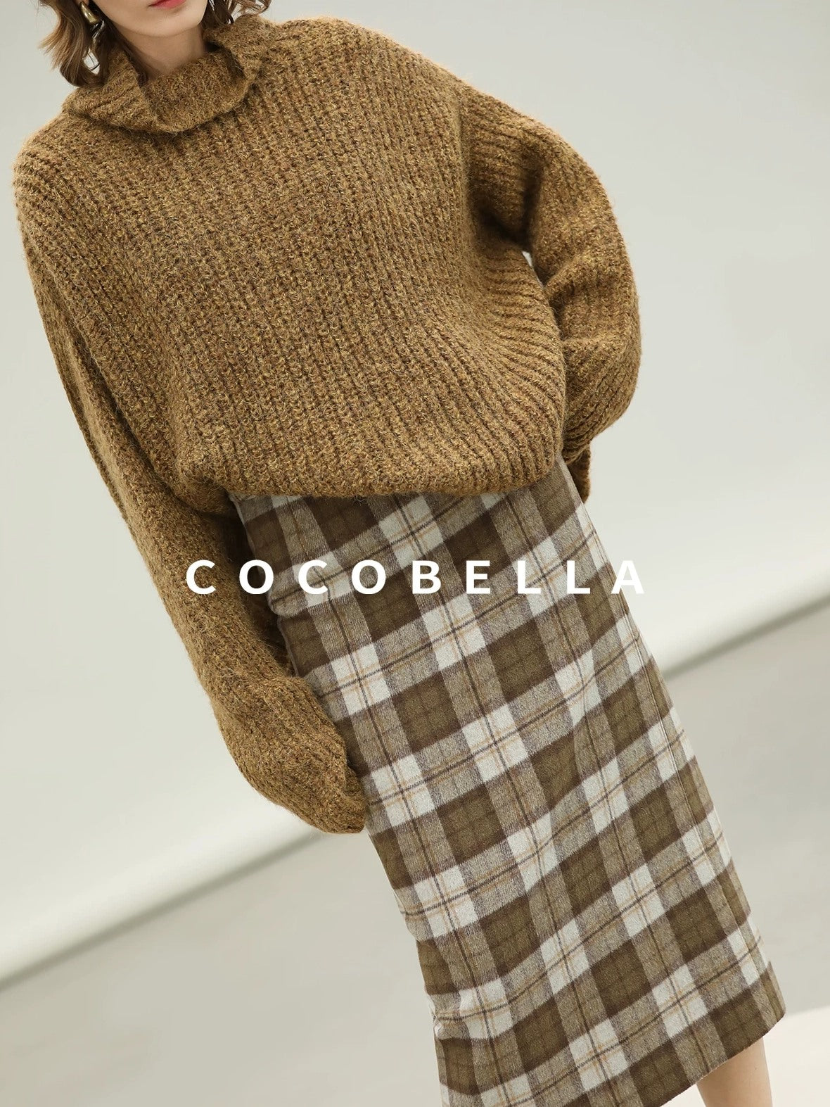 COCOBELLA High Waist Lined Wool Blend Patchwork Straight Ol Office Plaid Midi Skirts