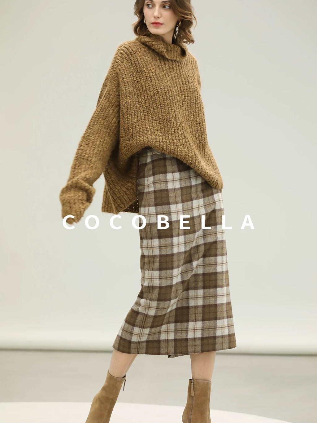 COCOBELLA High Waist Lined Wool Blend Patchwork Straight Ol Office Plaid Midi Skirts