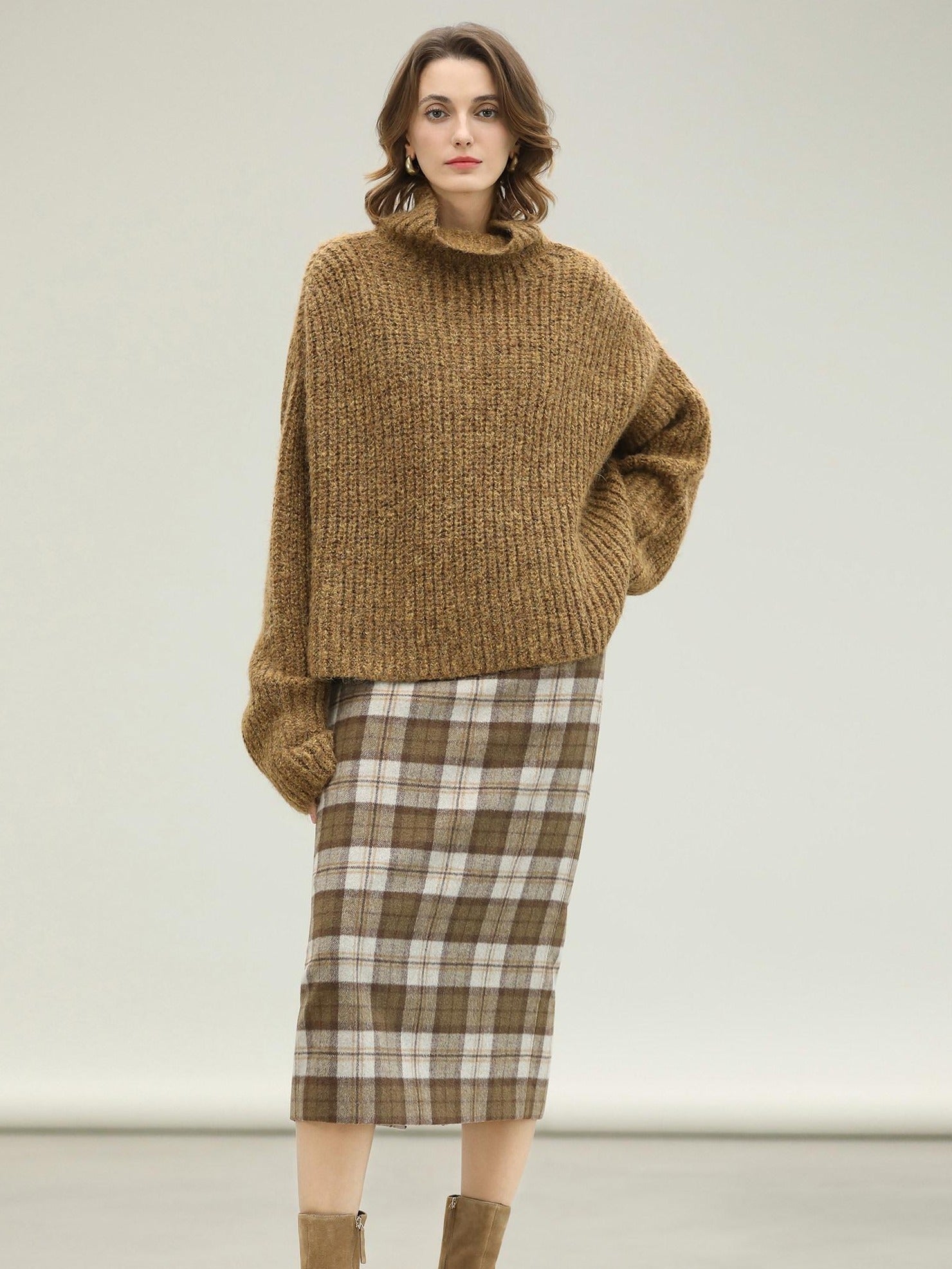 COCOBELLA High Waist Lined Wool Blend Patchwork Straight Ol Office Plaid Midi Skirts