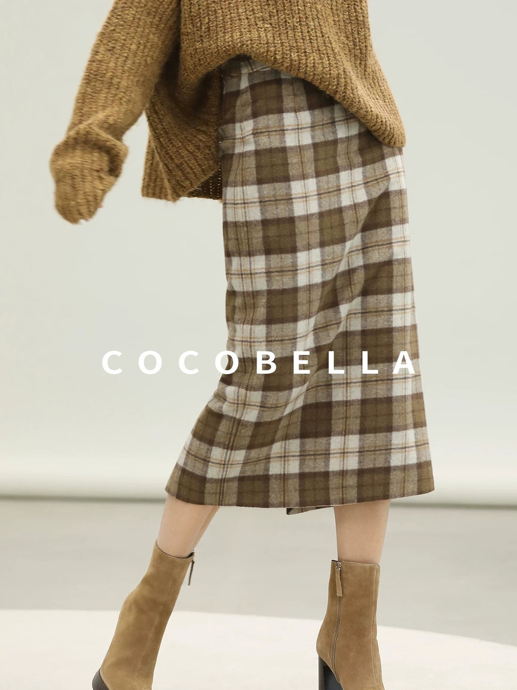 COCOBELLA High Waist Lined Wool Blend Patchwork Straight Ol Office Plaid Midi Skirts