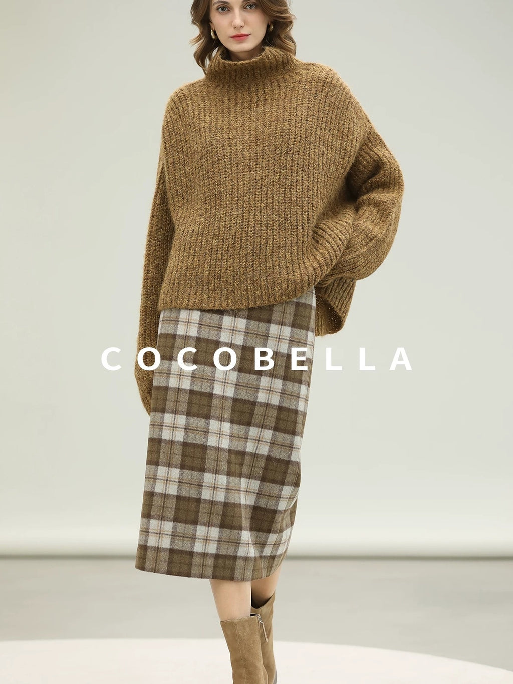 COCOBELLA High Waist Lined Wool Blend Patchwork Straight Ol Office Plaid Midi Skirts