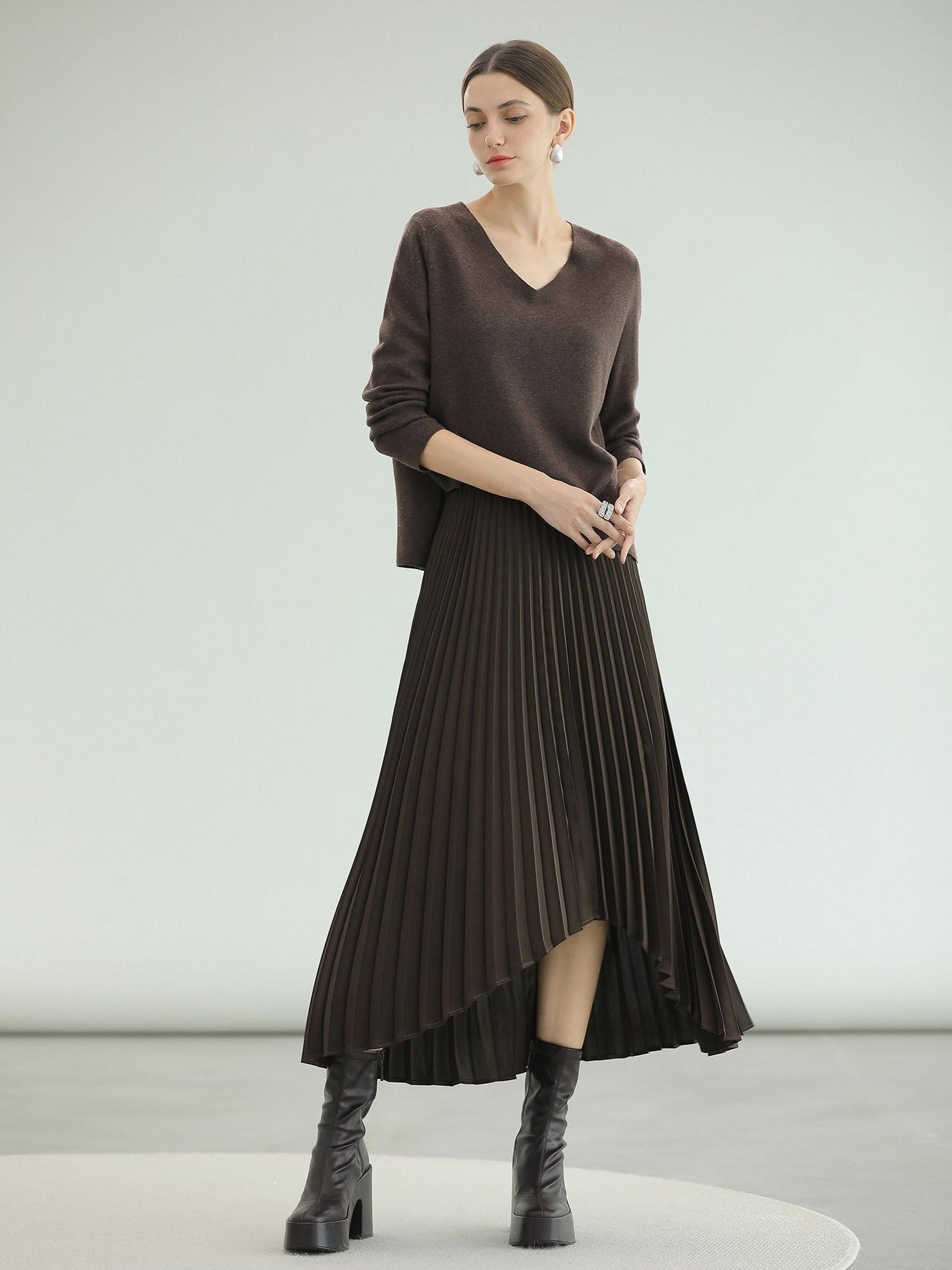 COCOBELLA High Waist Pleated A Line Irregular Hem Office Midi Chocolate Skirts