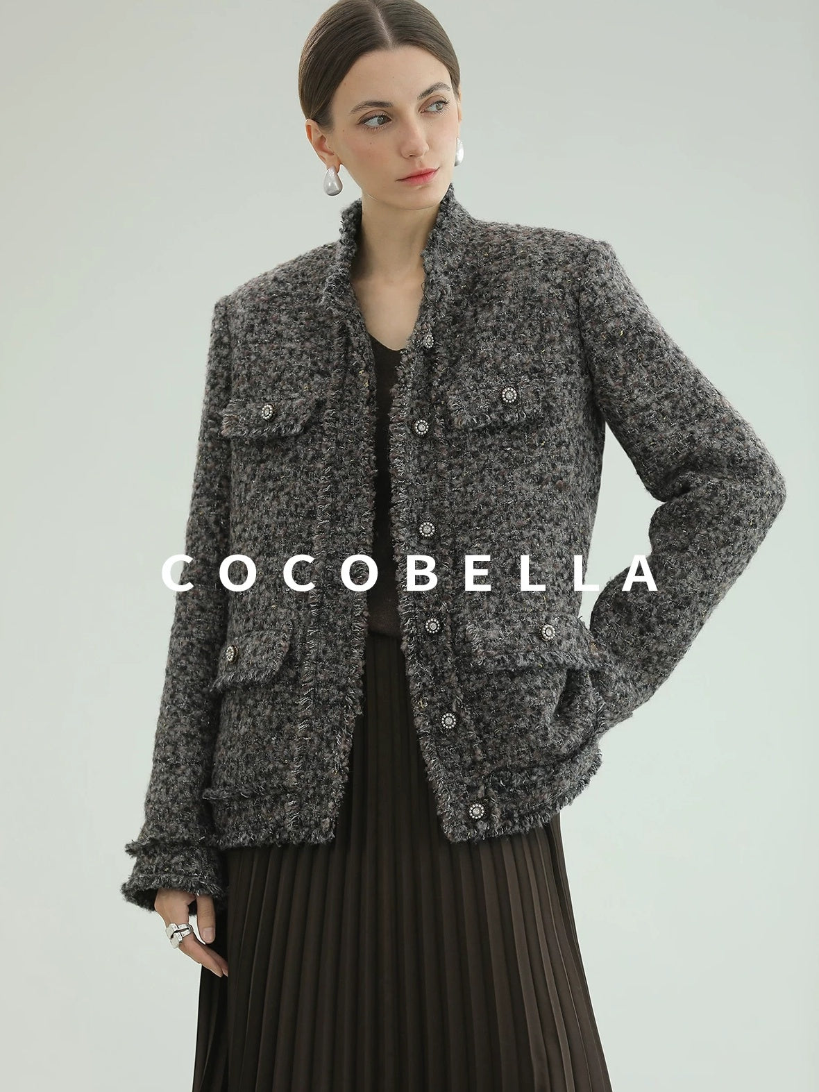 COCOBELLA High Waist Pleated A Line Irregular Hem Office Midi Chocolate Skirts