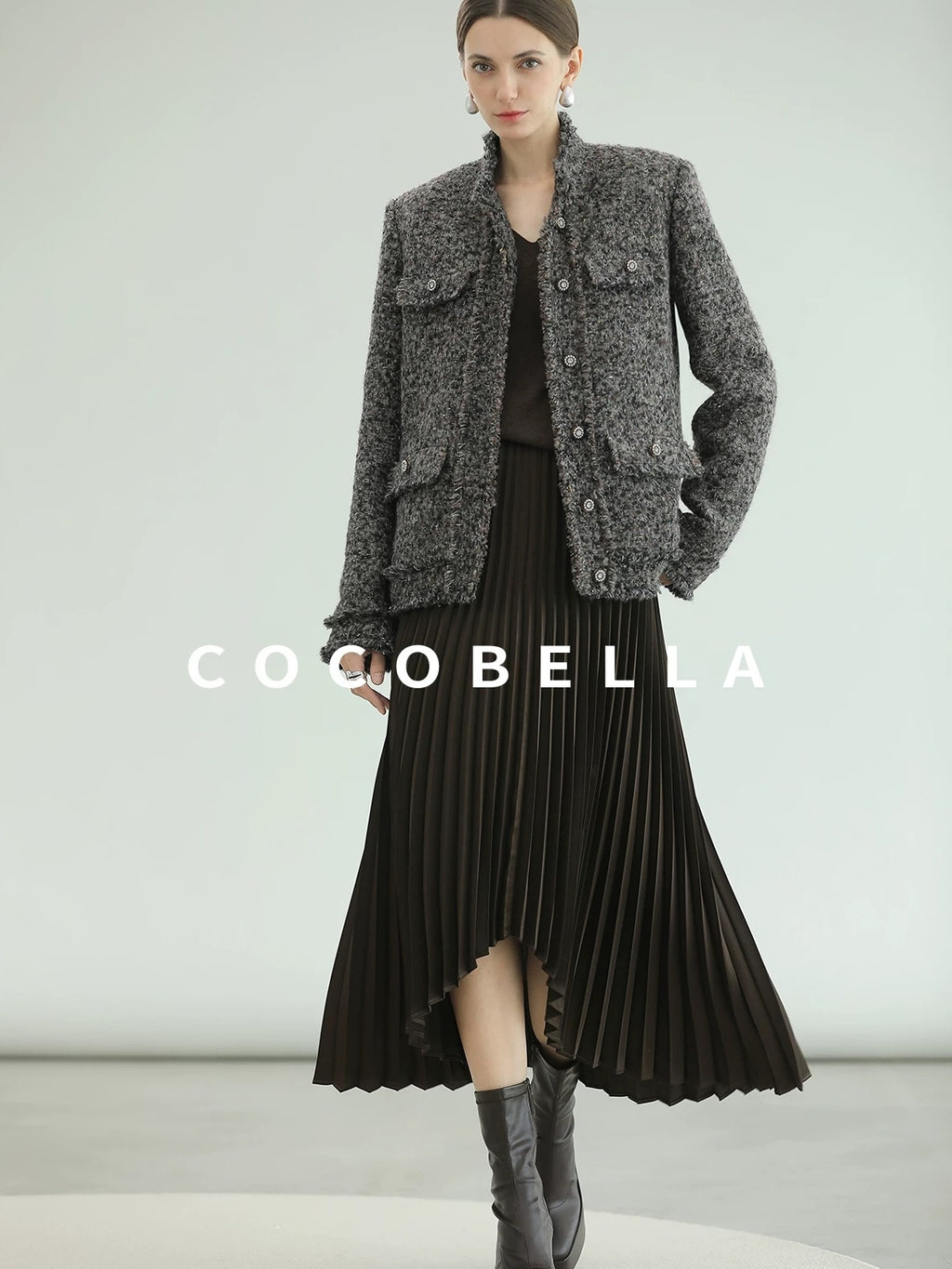COCOBELLA High Waist Pleated A Line Irregular Hem Office Midi Chocolate Skirts