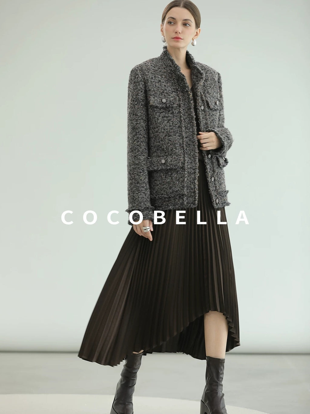 COCOBELLA High Waist Pleated A Line Irregular Hem Office Midi Chocolate Skirts