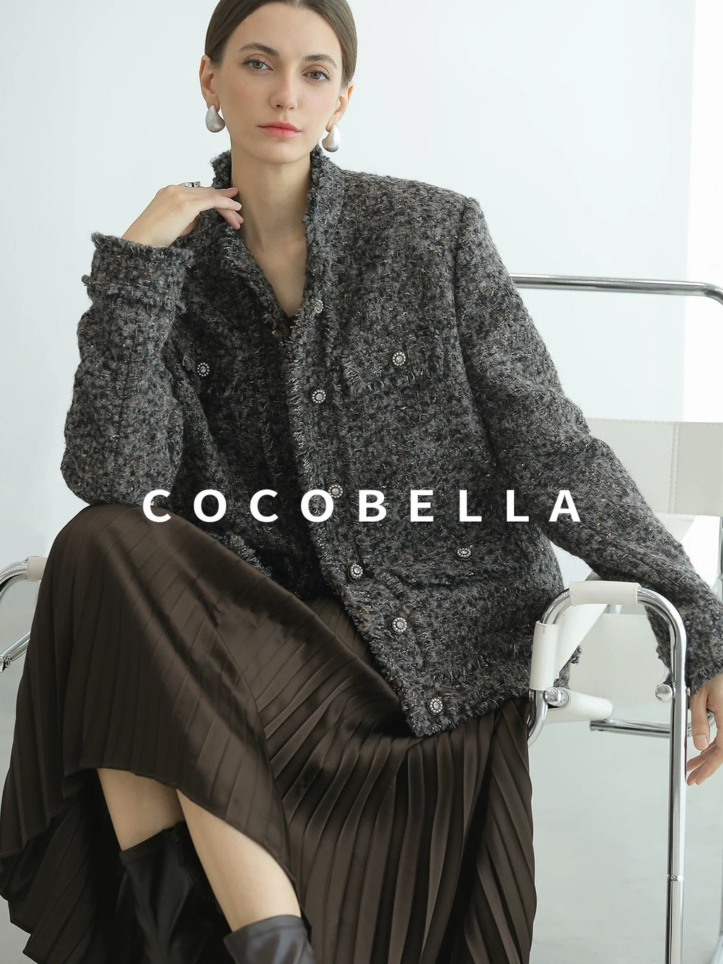 COCOBELLA High Waist Pleated A Line Irregular Hem Office Midi Chocolate Skirts