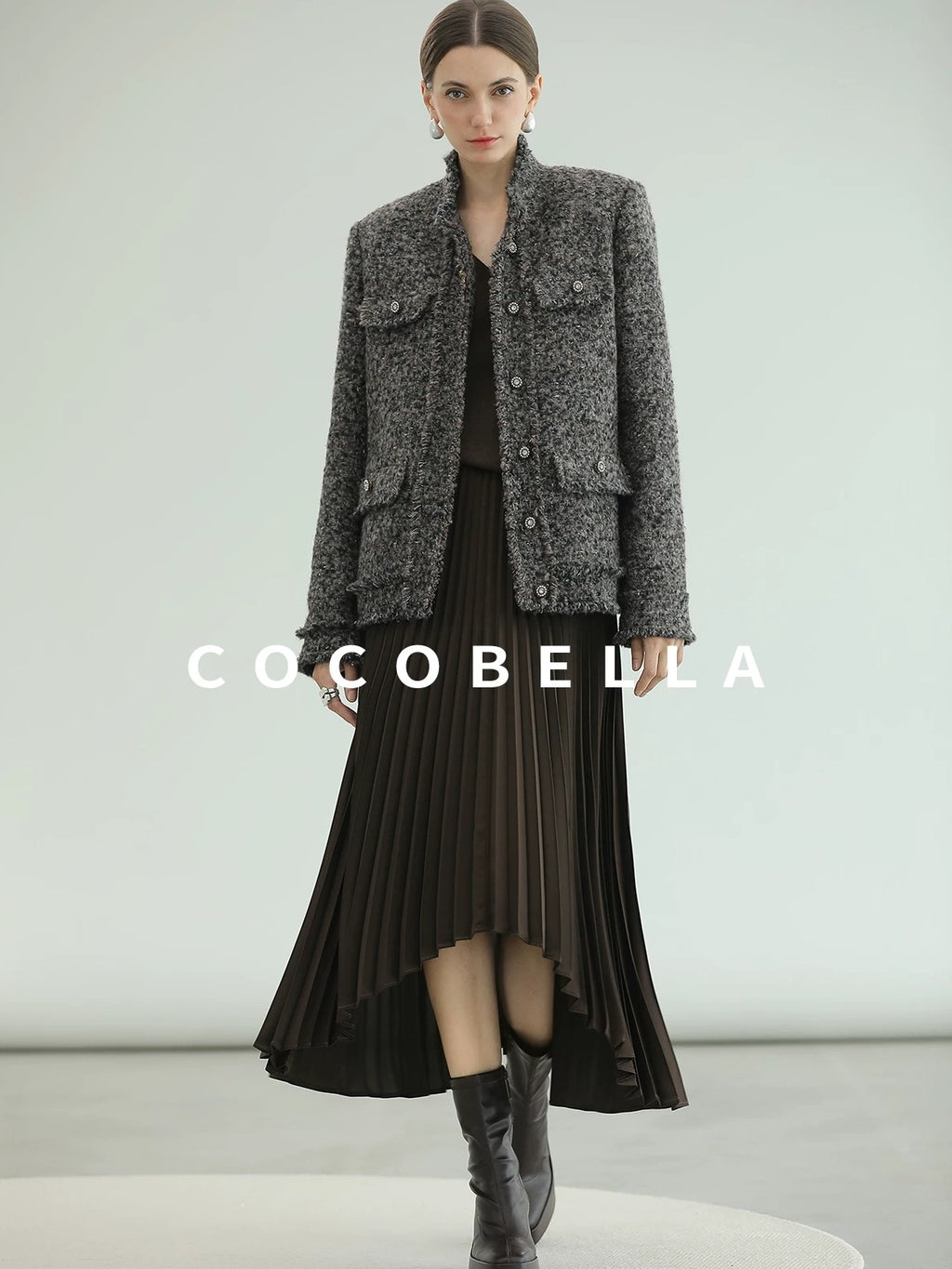 COCOBELLA High Waist Pleated A Line Irregular Hem Office Midi Chocolate Skirts