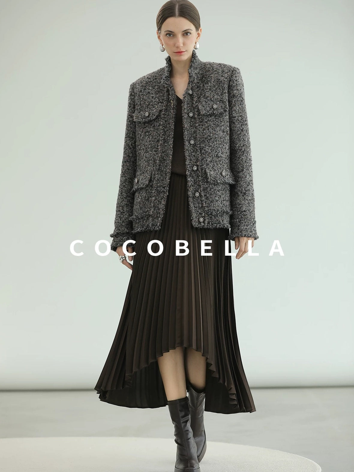 COCOBELLA High Waist Pleated A Line Irregular Hem Office Midi Chocolate Skirts