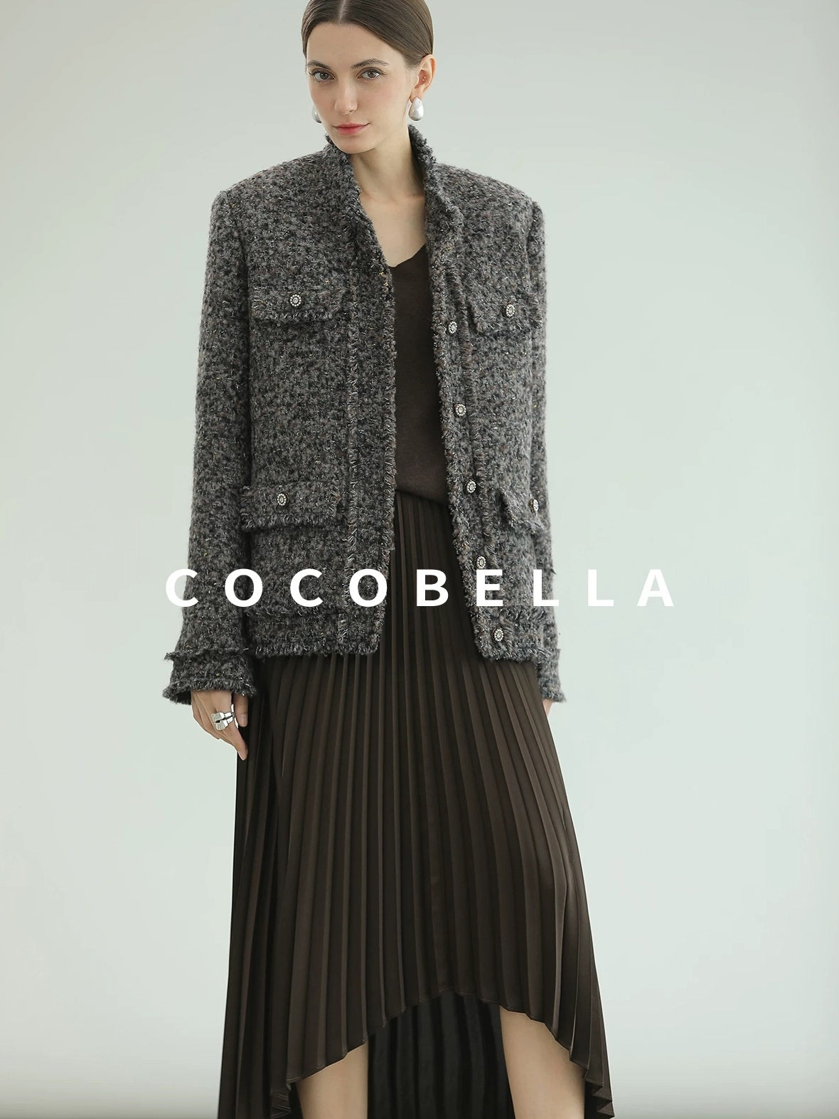 COCOBELLA High Waist Pleated A Line Irregular Hem Office Midi Chocolate Skirts
