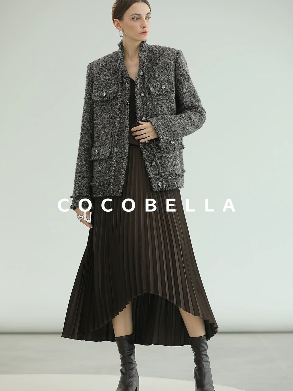 COCOBELLA High Waist Pleated A Line Irregular Hem Office Midi Chocolate Skirts
