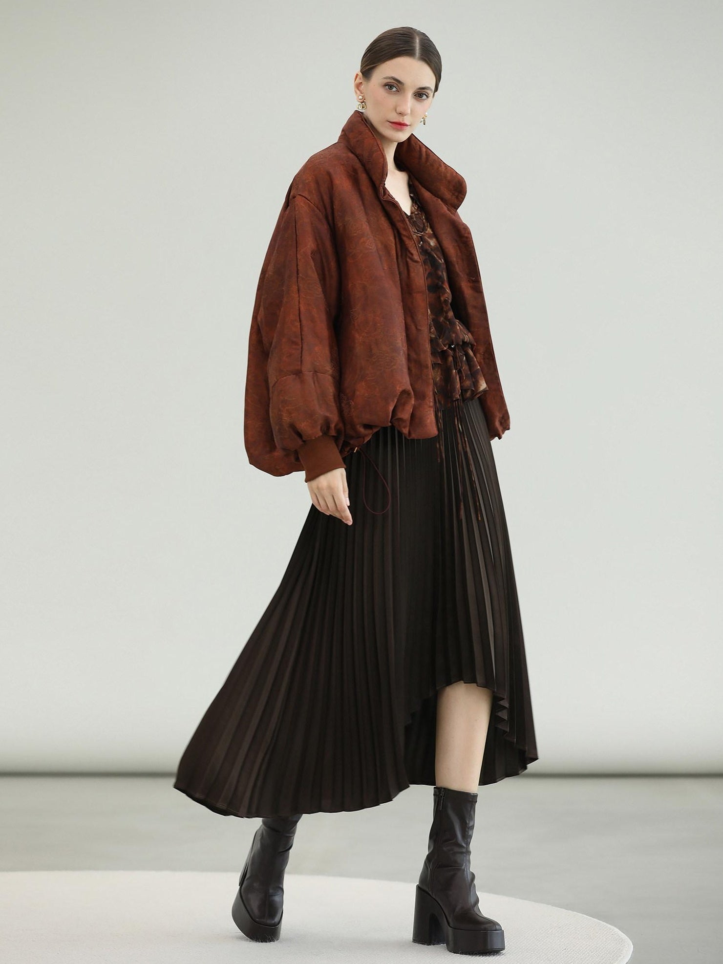 COCOBELLA High Waist Pleated A Line Irregular Hem Office Midi Chocolate Skirts