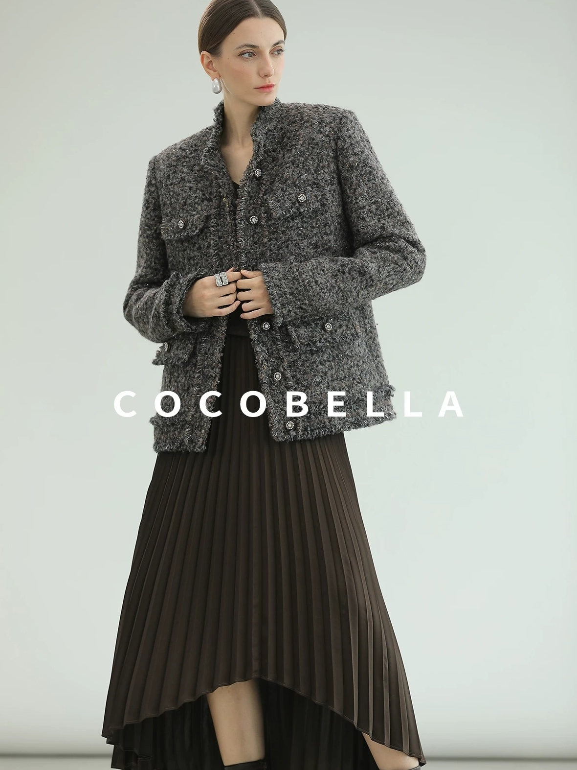 COCOBELLA High Waist Pleated A Line Irregular Hem Office Midi Chocolate Skirts
