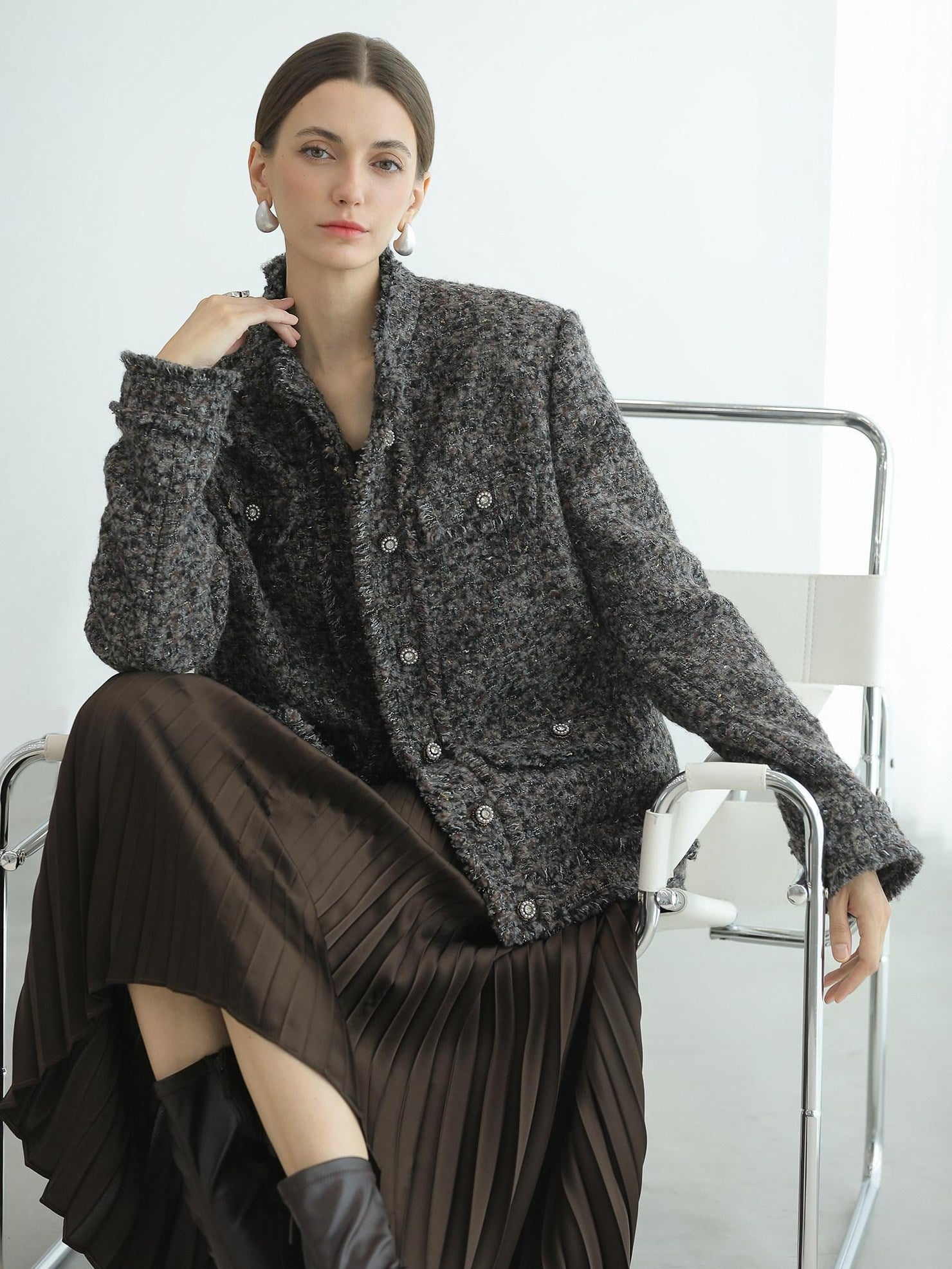 COCOBELLA High Waist Pleated A Line Irregular Hem Office Midi Chocolate Skirts