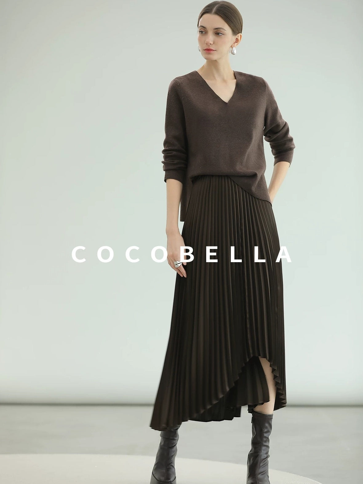 COCOBELLA High Waist Pleated A Line Irregular Hem Office Midi Chocolate Skirts