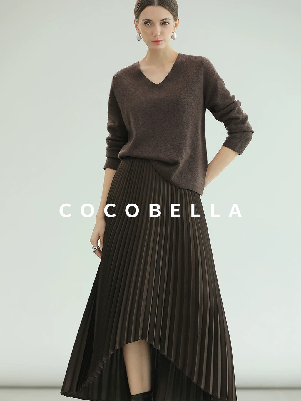 COCOBELLA High Waist Pleated A Line Irregular Hem Office Midi Chocolate Skirts