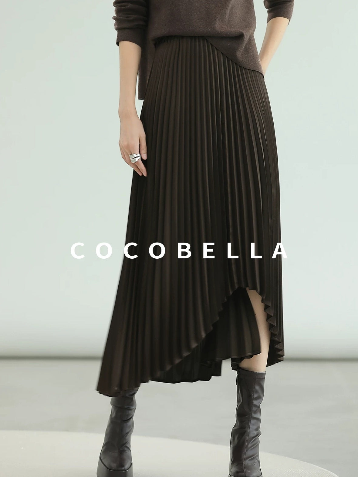COCOBELLA High Waist Pleated A Line Irregular Hem Office Midi Chocolate Skirts