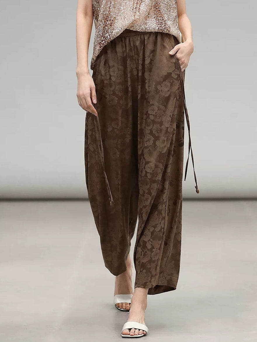 COCOBELLA High Waist Pleated Jacquard Chinese Style Slim H Line Women Office Casual Pants