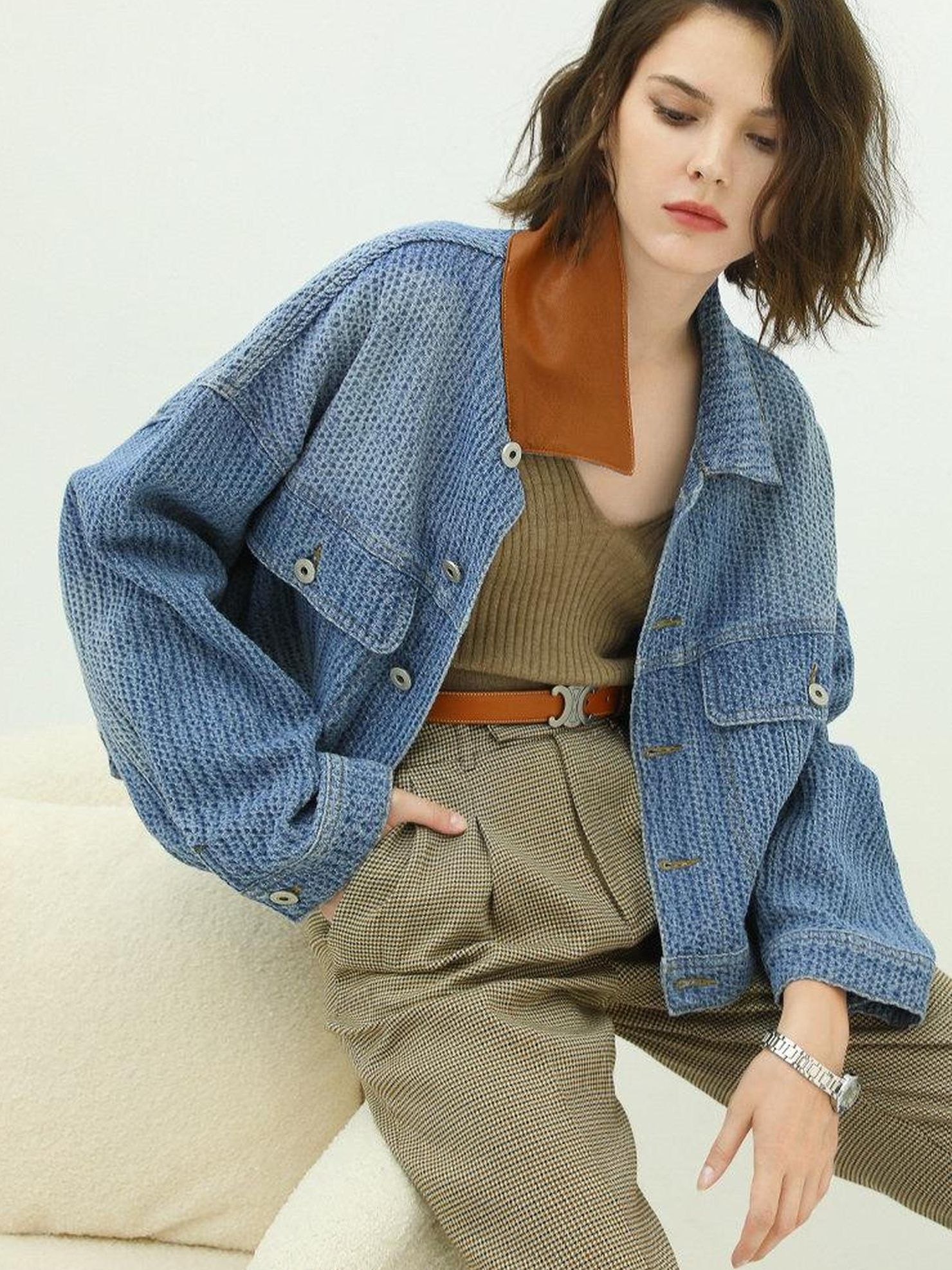 COCOBELLA High Waist Pleated Straight Leg Ol Office Houndstooth Polyester Stretch Pants