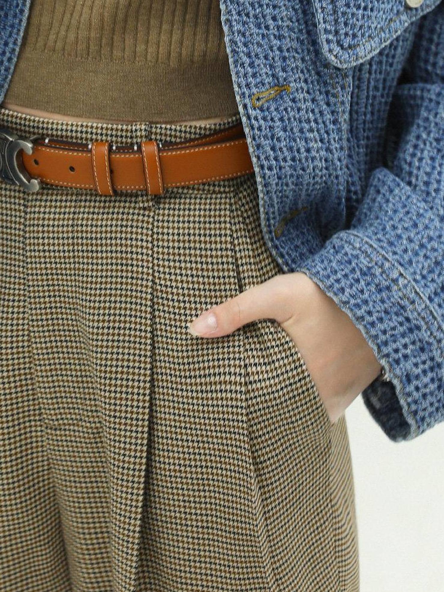 COCOBELLA High Waist Pleated Straight Leg Ol Office Houndstooth Polyester Stretch Pants