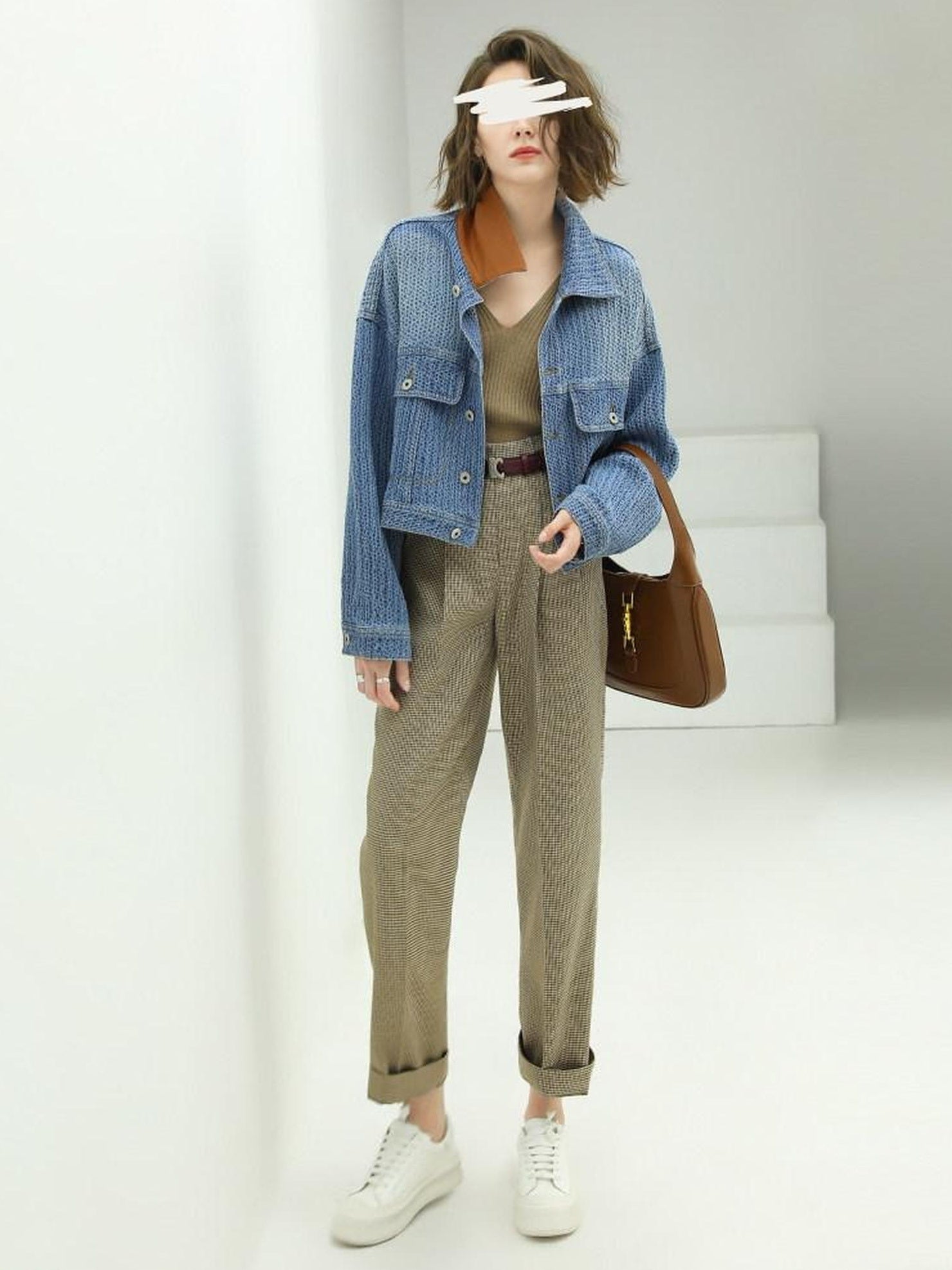 COCOBELLA High Waist Pleated Straight Leg Ol Office Houndstooth Polyester Stretch Pants