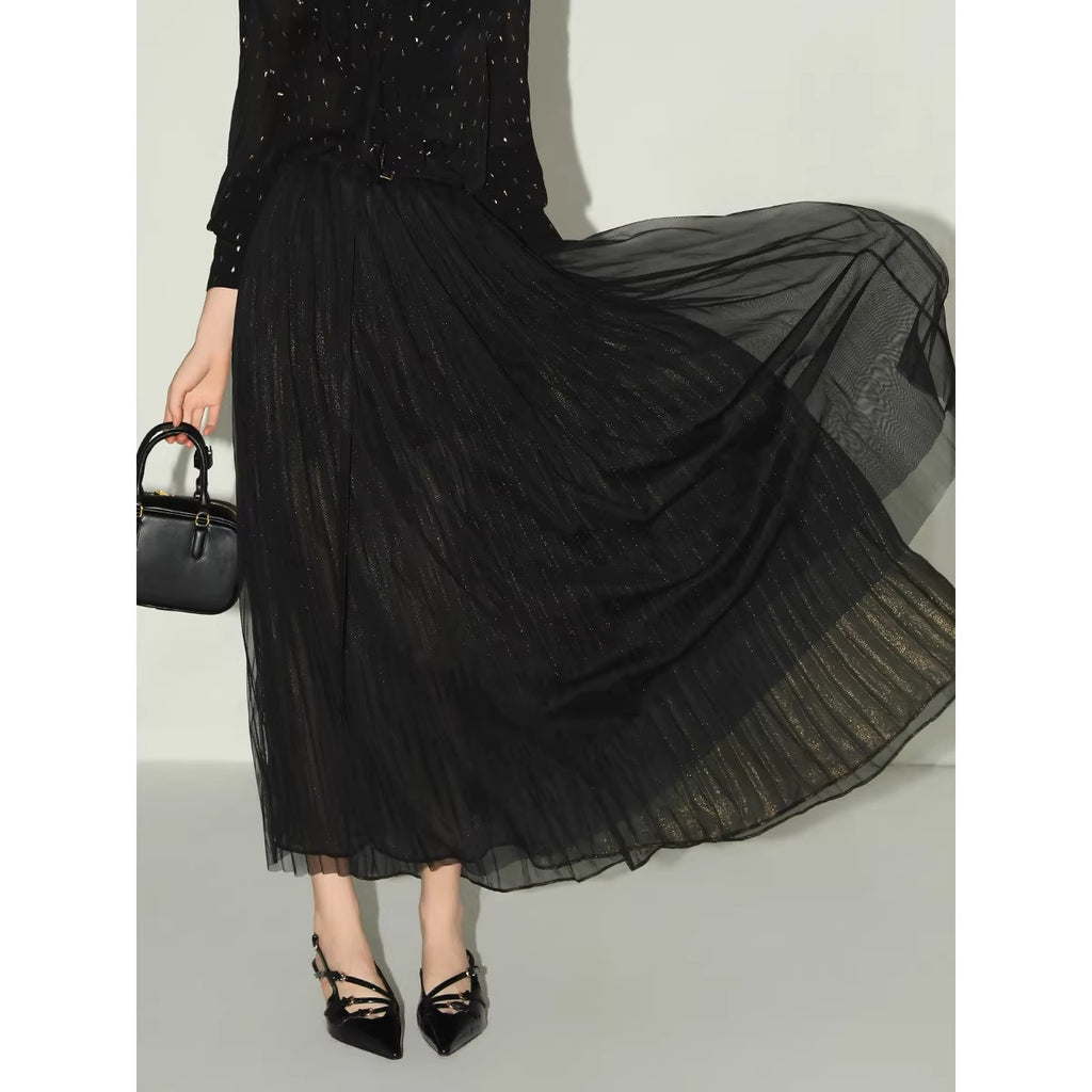 COCOBELLA_High_Waist_Pleated_Tulle_A_Line_Loose_Women_Commuter_Black_Maxi_Skirts_MISSTT