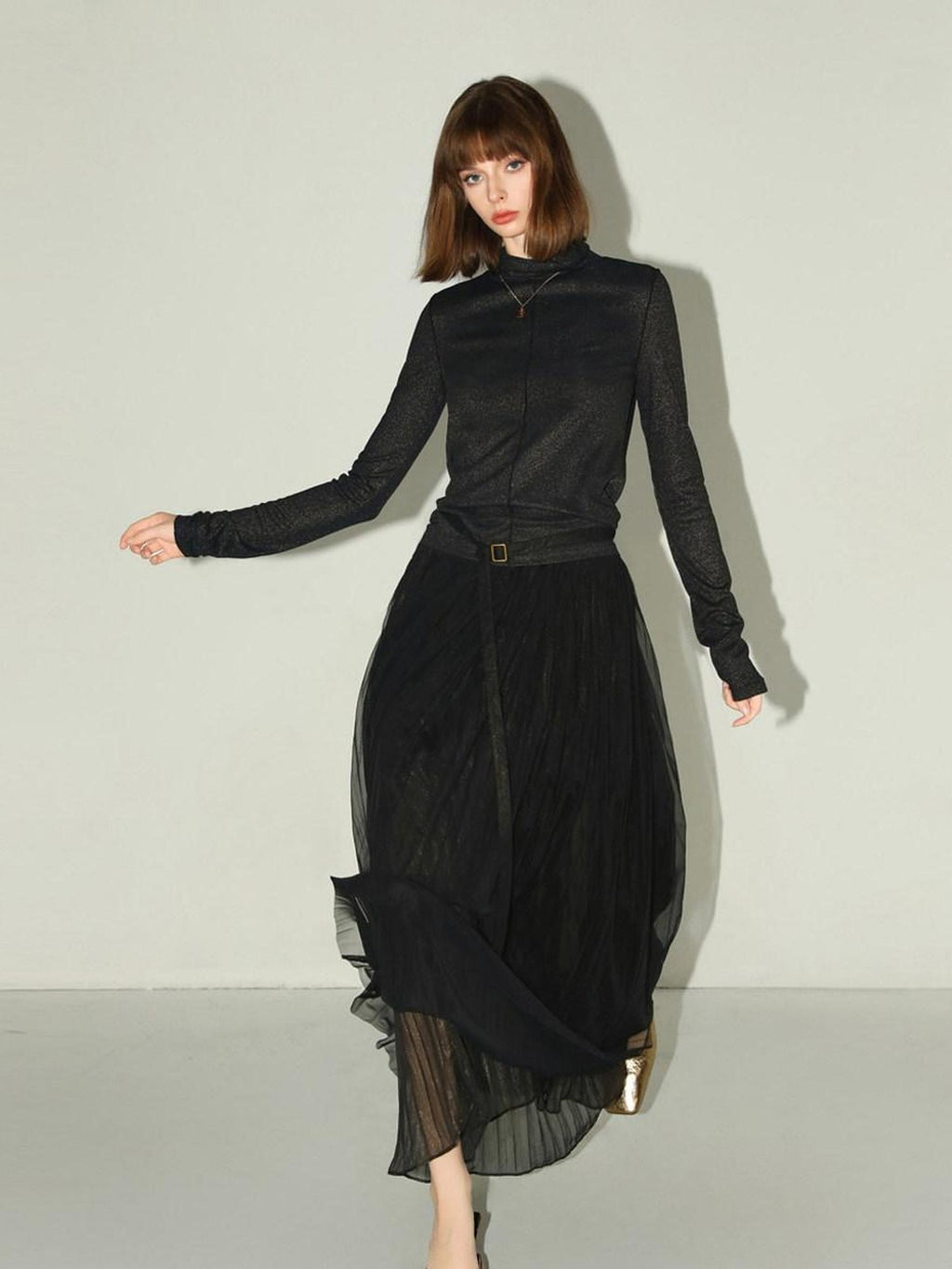 COCOBELLA High Waist Pleated Tulle A Line Loose Women Commuter Black Maxi Skirts