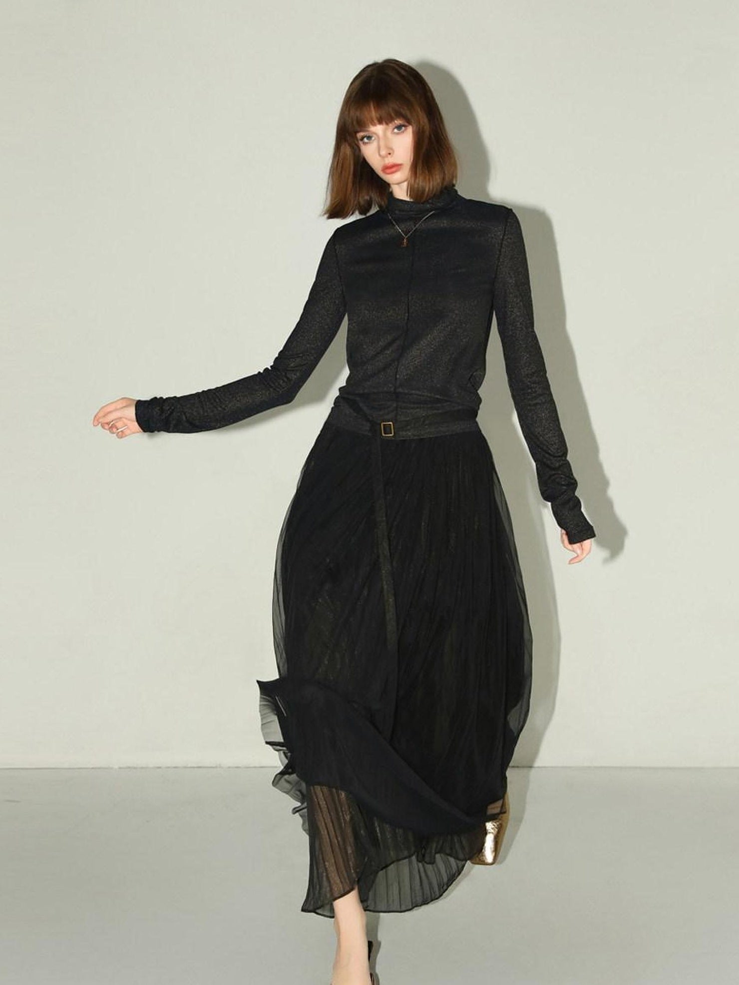 COCOBELLA High Waist Pleated Tulle A Line Loose Women Commuter Black Maxi Skirts