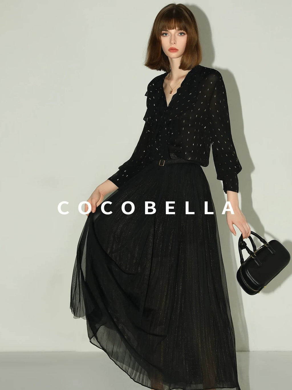 COCOBELLA High Waist Pleated Tulle A Line Loose Women Commuter Black Maxi Skirts