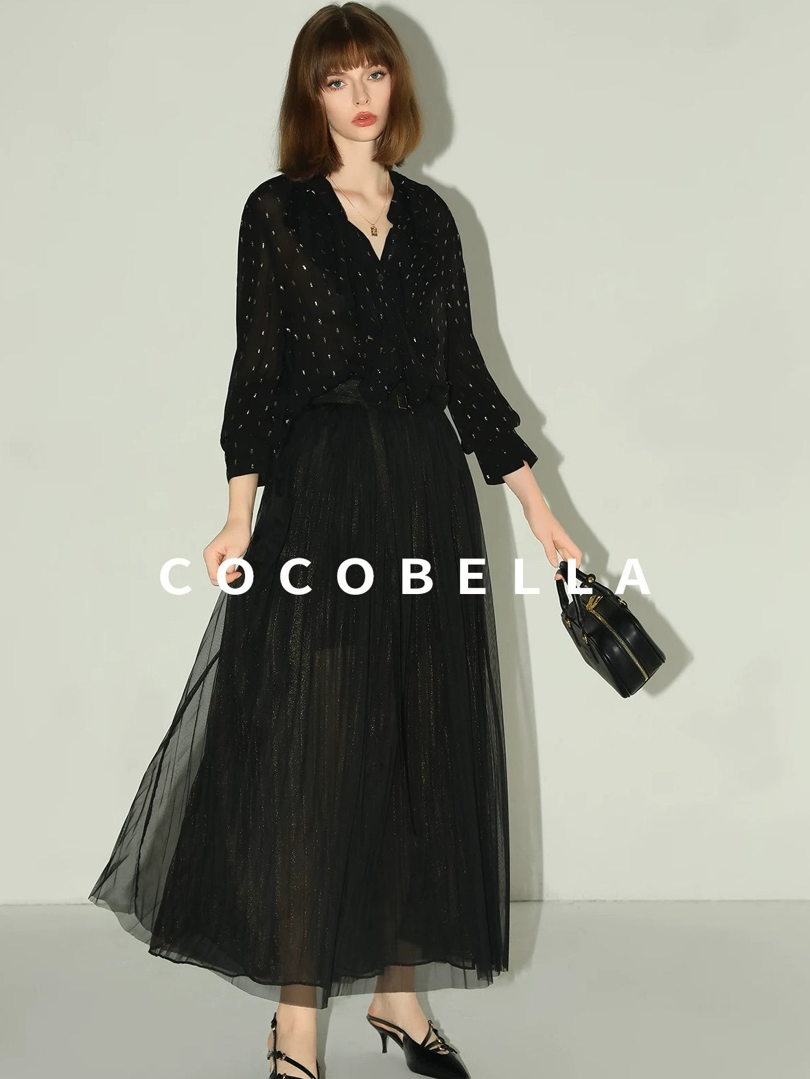 COCOBELLA High Waist Pleated Tulle A Line Loose Women Commuter Black Maxi Skirts