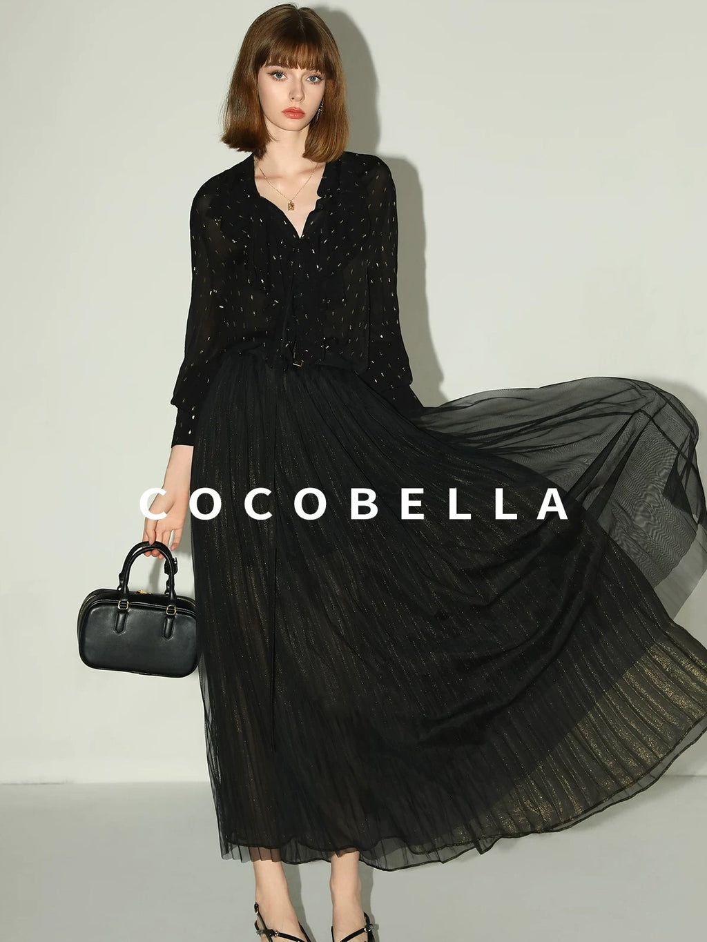 COCOBELLA High Waist Pleated Tulle A Line Loose Women Commuter Black Maxi Skirts