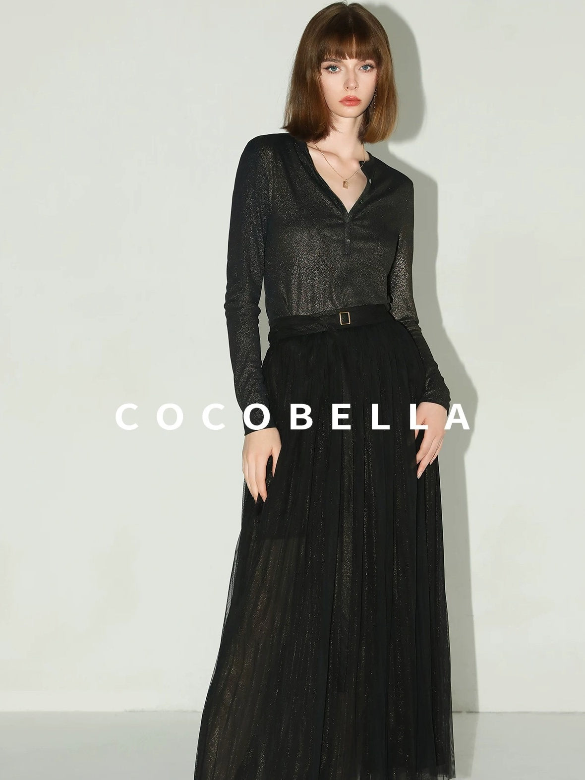 COCOBELLA High Waist Pleated Tulle A Line Loose Women Commuter Black Maxi Skirts