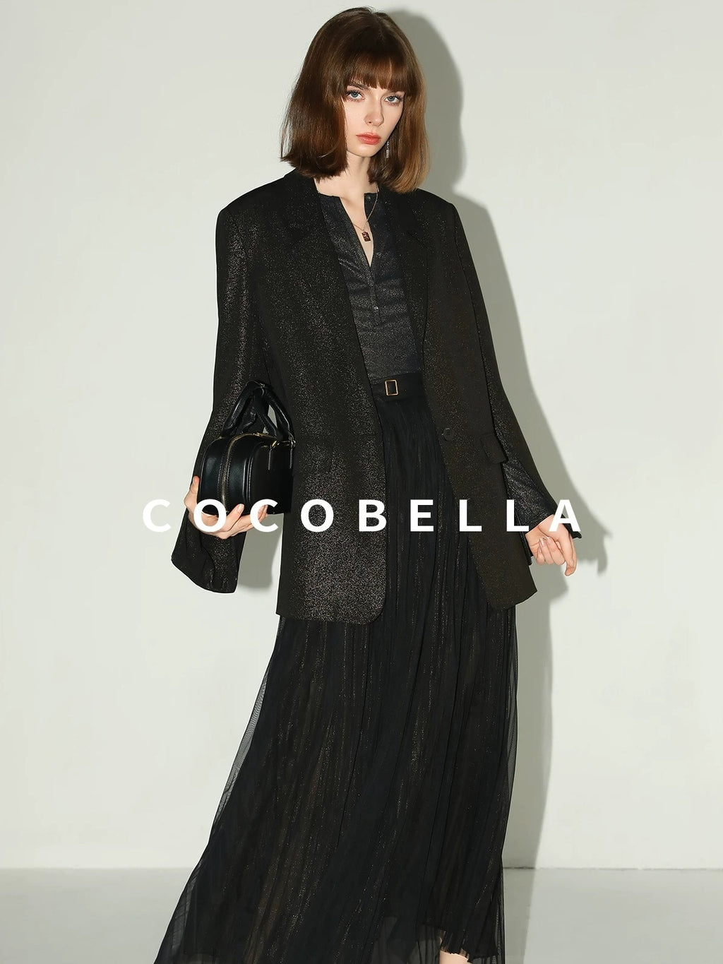 COCOBELLA High Waist Pleated Tulle A Line Loose Women Commuter Black Maxi Skirts