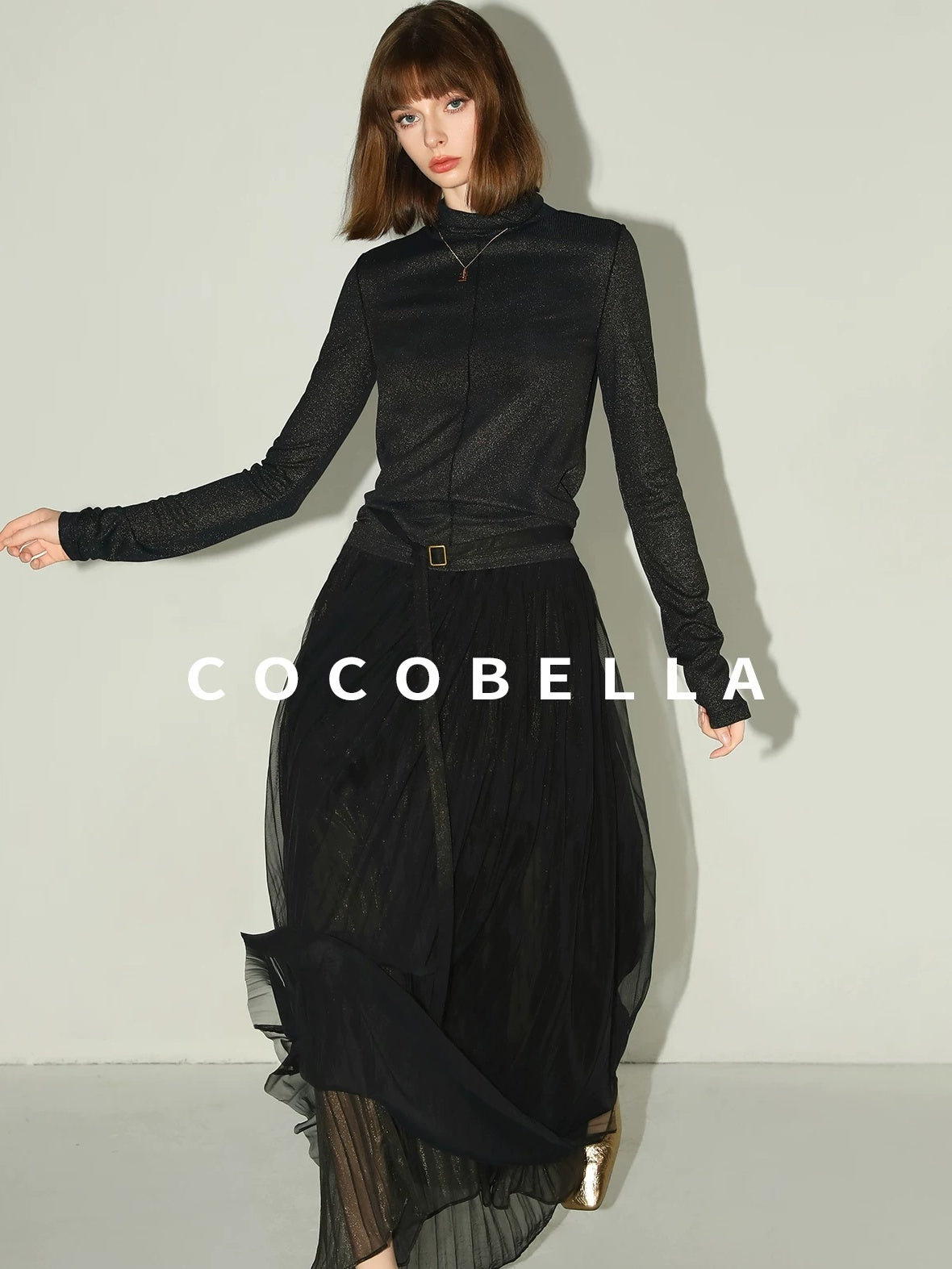 COCOBELLA High Waist Pleated Tulle A Line Loose Women Commuter Black Maxi Skirts