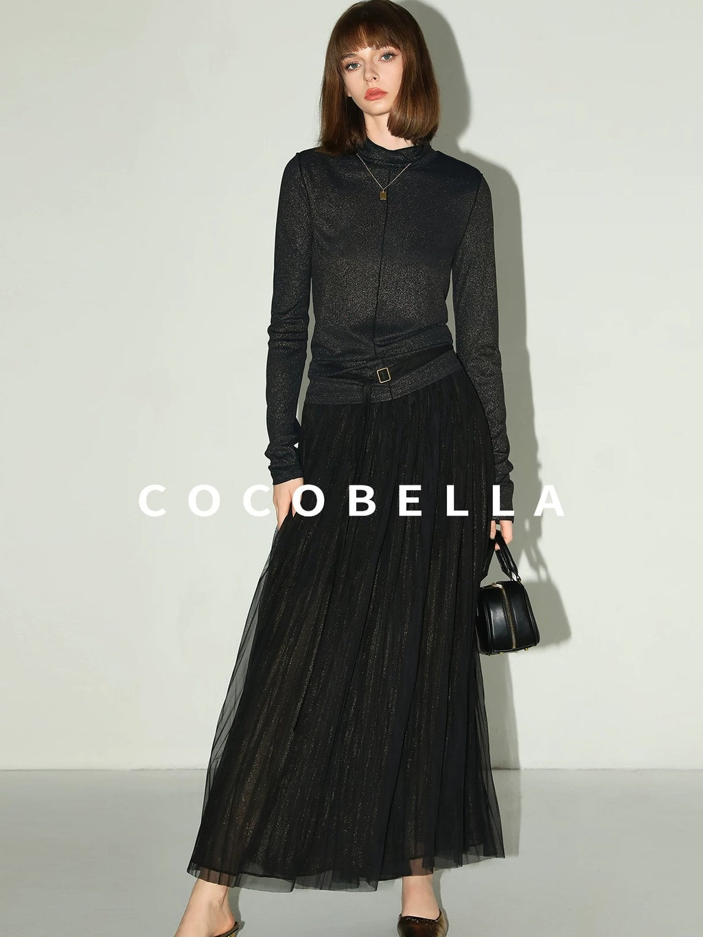 COCOBELLA High Waist Pleated Tulle A Line Loose Women Commuter Black Maxi Skirts
