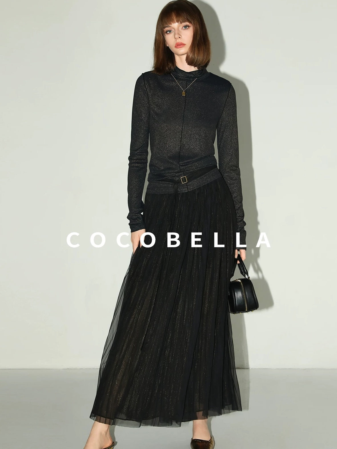 COCOBELLA High Waist Pleated Tulle A Line Loose Women Commuter Black Maxi Skirts
