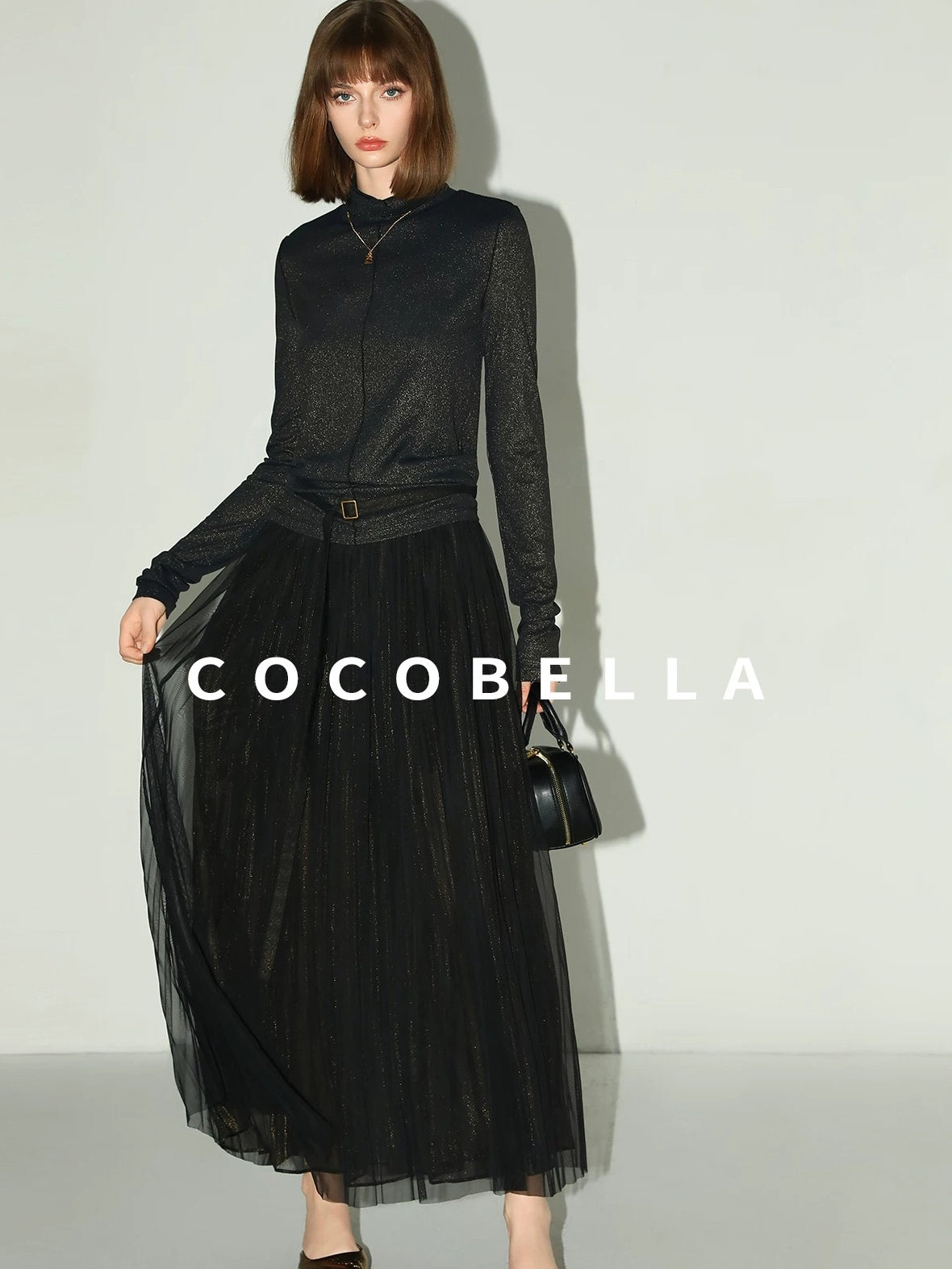 COCOBELLA High Waist Pleated Tulle A Line Loose Women Commuter Black Maxi Skirts