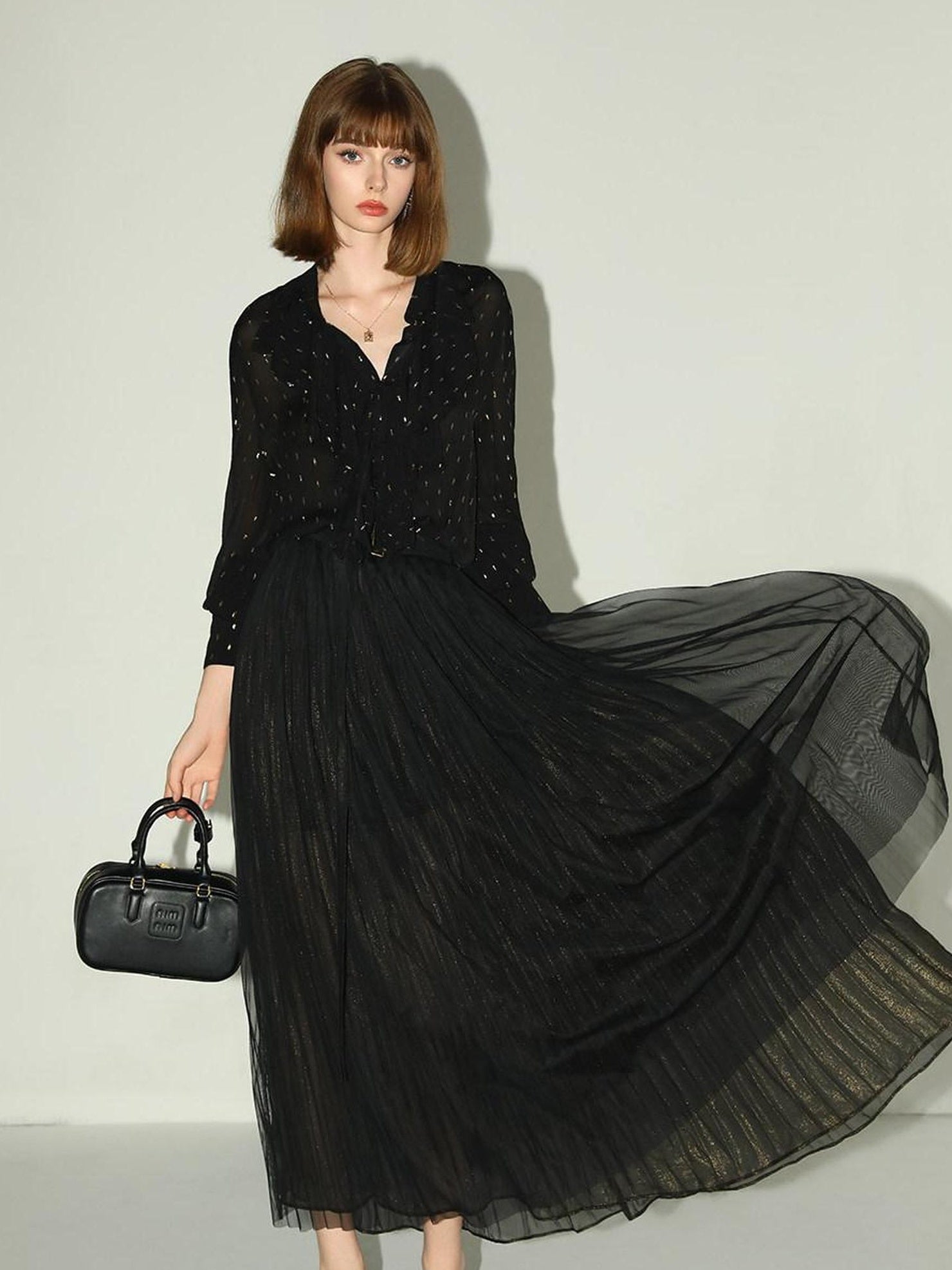 COCOBELLA High Waist Pleated Tulle A Line Loose Women Commuter Black Maxi Skirts