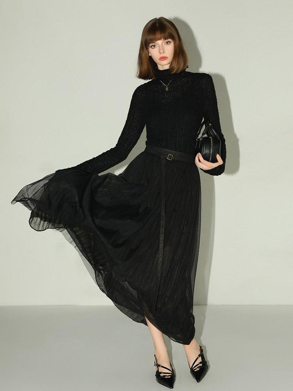 COCOBELLA High Waist Pleated Tulle A Line Loose Women Commuter Black Maxi Skirts