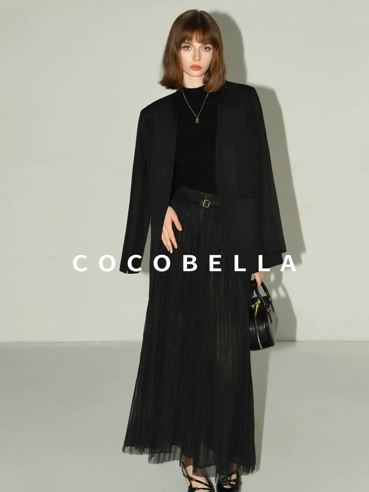 COCOBELLA High Waist Pleated Tulle A Line Loose Women Commuter Black Maxi Skirts