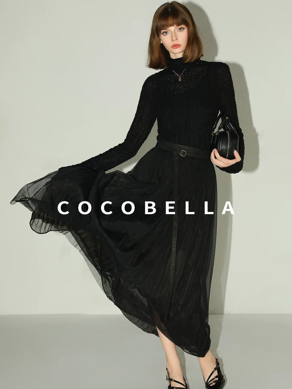 COCOBELLA High Waist Pleated Tulle A Line Loose Women Commuter Black Maxi Skirts